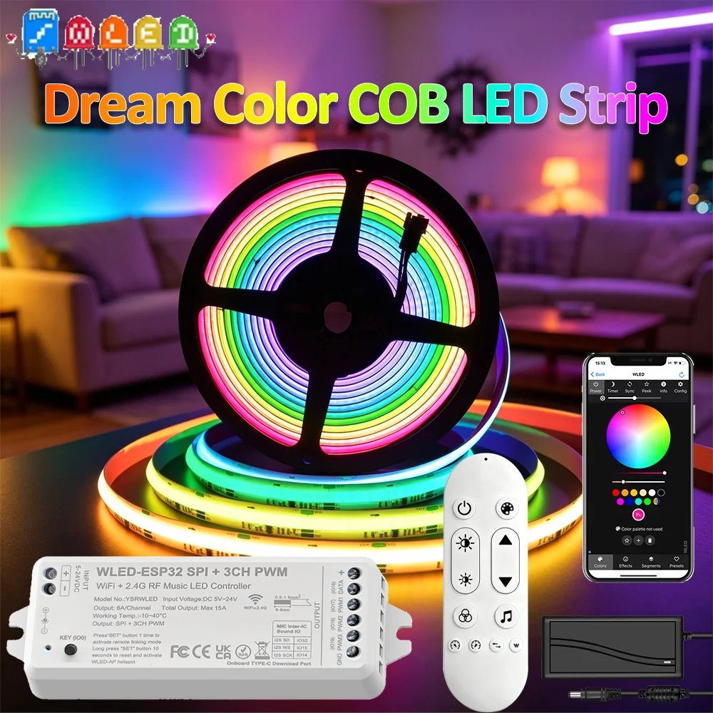 WLED ESP32 WiFi LED Dimmer 24V WS2811 RGBIC COB LED Strip Lights WS2812B Full Dream Color Tape Addressable Smart SPI FCOB Light