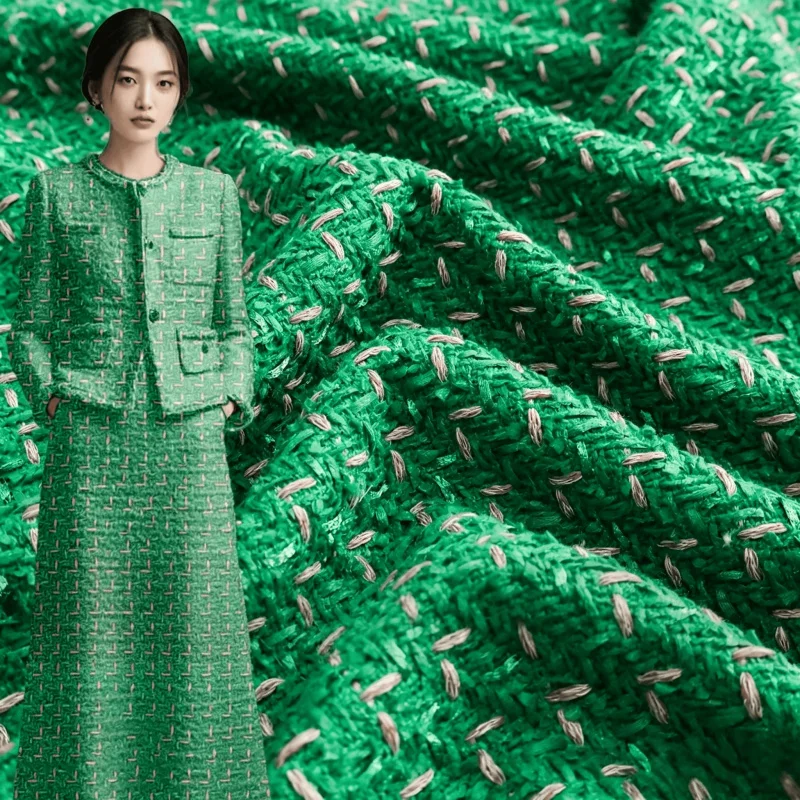 Tela de lana tweed tejida con hilo mixto verde y plateado para otoño e invierno, ideal para confeccionar trajes estilo Chanel.