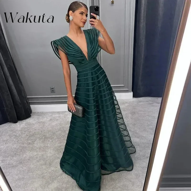 Wakuta Sexy A Line Evening Dresses Cap Sleeves Deep V Neck Prom Gowns Floor Length Women Party Special Occasion Vestidos De Gala