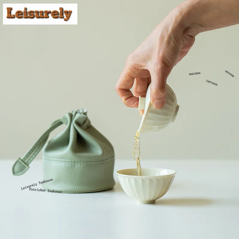 HOYIHM Ding Kiln Lotus Petal Mini Travel Tea Set Kit Elegant 1 Pot 1 Cups Tea Making Organizer Portable Camping Tote Bag Gifts