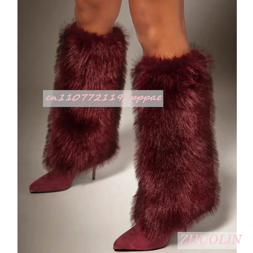 

Winter Fur Warm Knee-High Boots Pointed Toe Stiletto Sleeve Women'S Boots Solid Color Sexy Party Nightclub Fashion Trouser Boots