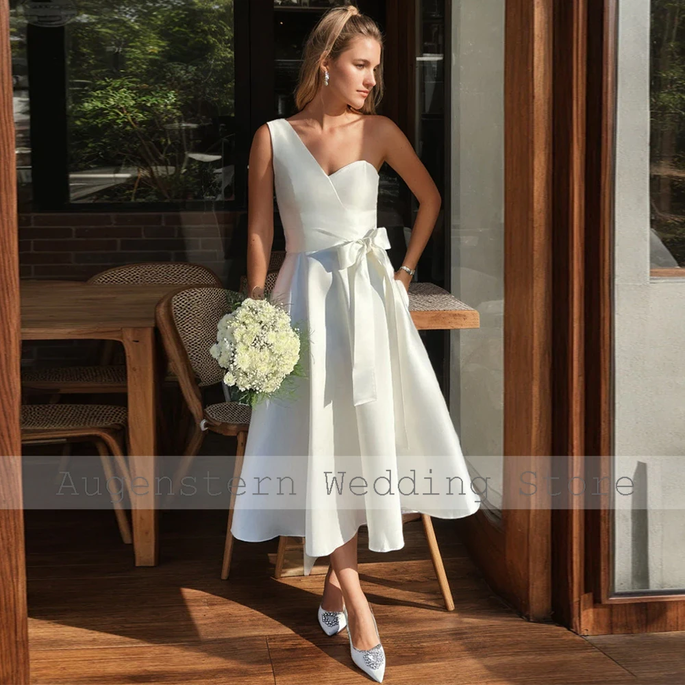 Elegant Civil Wedding Dresses Satin A-line Engagement Dress White One-shoulder Bow Ruched 2024 Modern Bridal Gown Midi