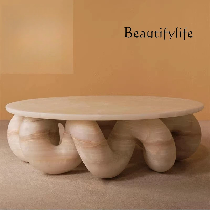 Italian natural marble coffee table designer villa living room household light luxury side table small round stool