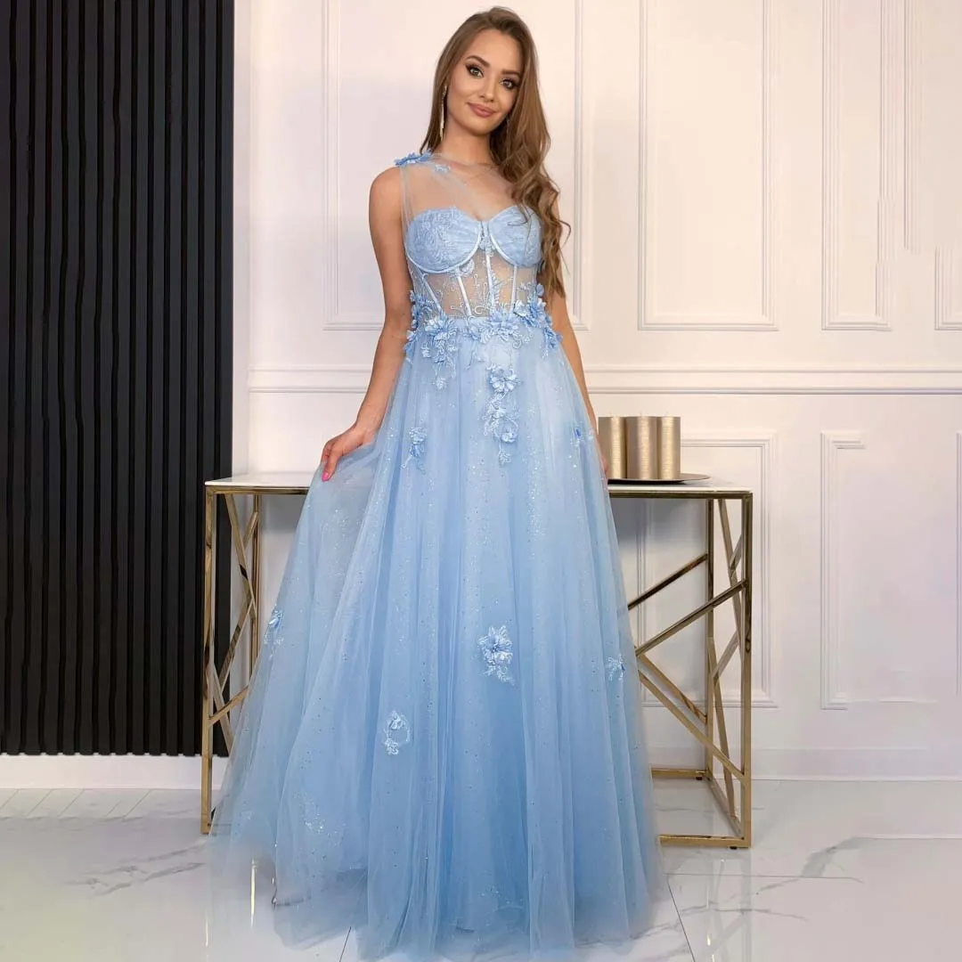 우아한 아플리케 장식 원숄더 프롬 드레스 튤 글리터 하이 슬릿 롱 드레스 생일 파티 공주 드레스 크리스마스 이브닝 드레스