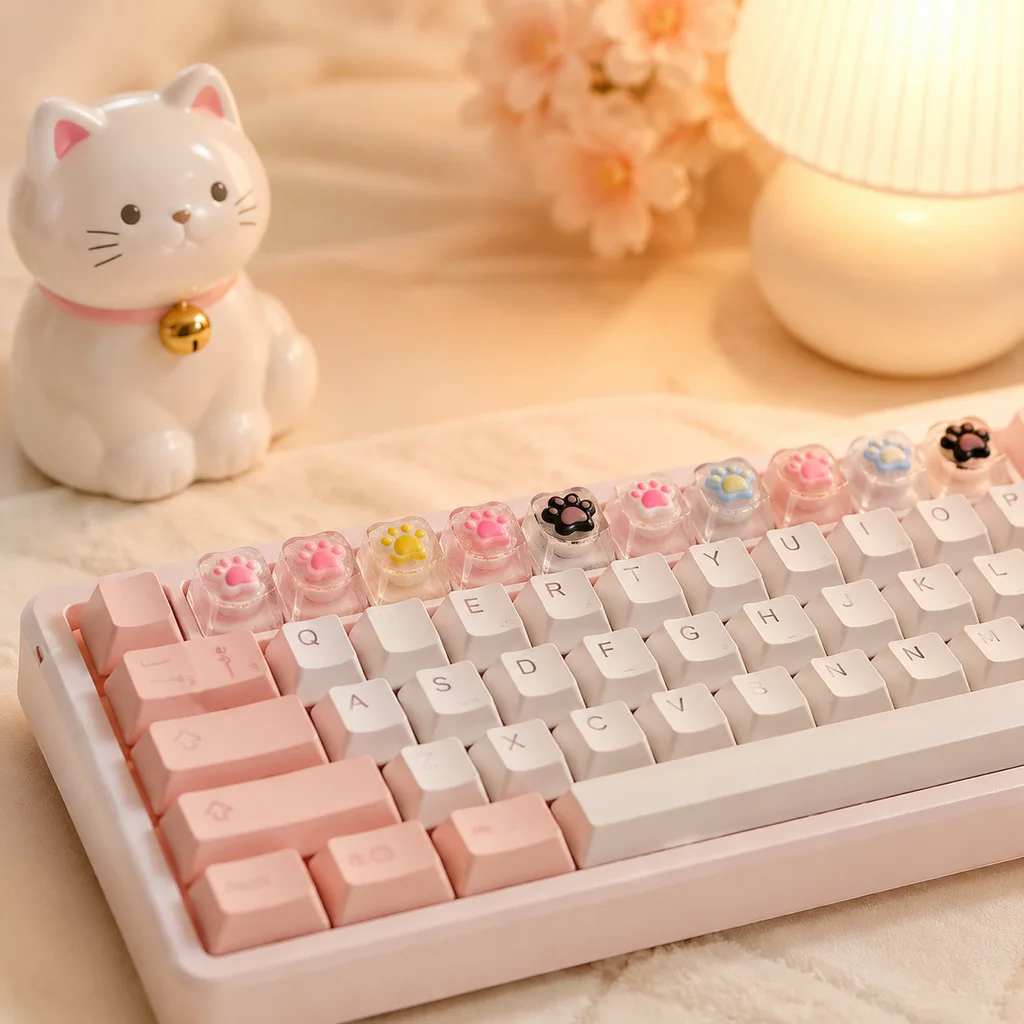 Handmade Cat Paw Keycap Artisan Transparent Glitter Resin for MX Mechanical Keyboard Cute Kawaii Custom Single Keycap Gift