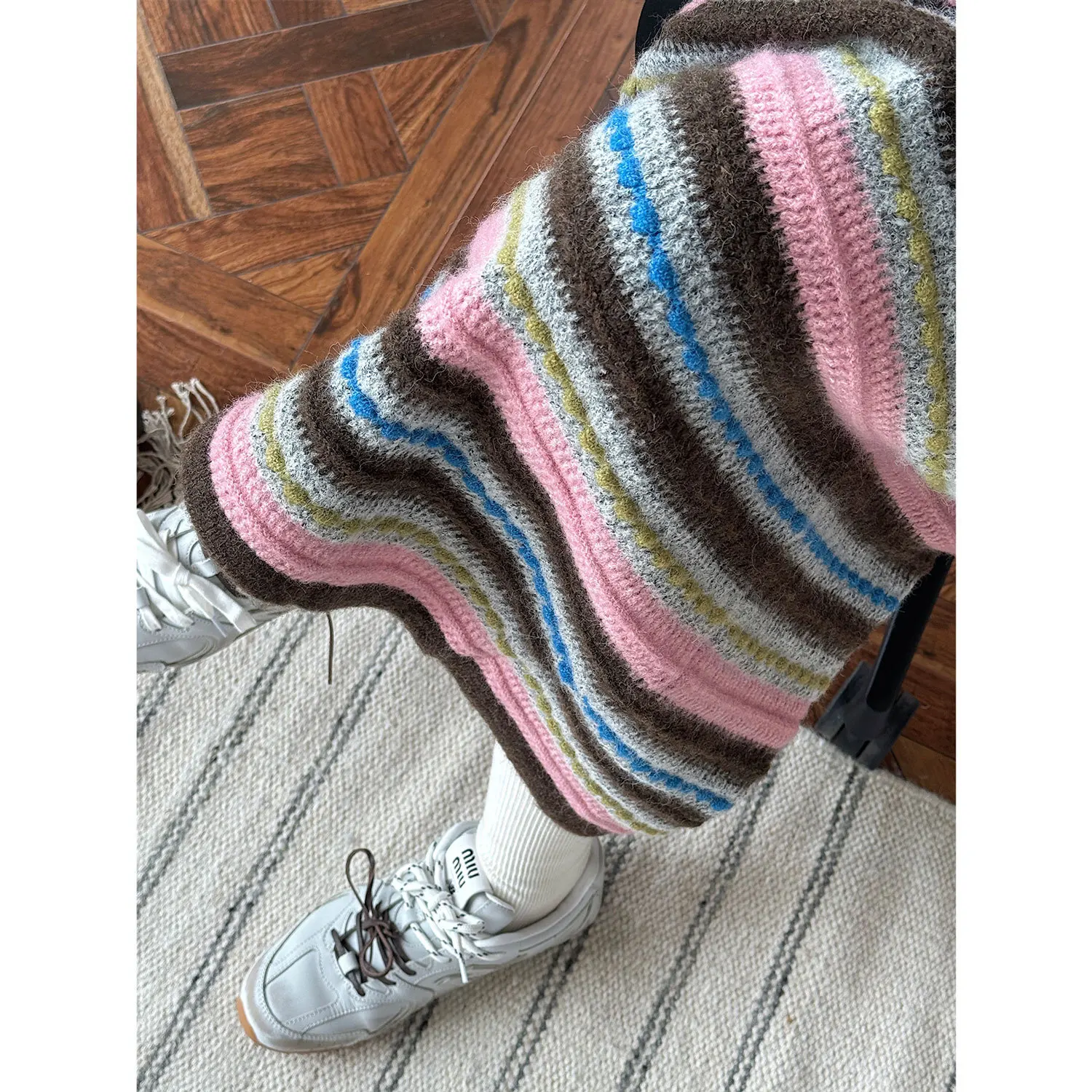 Wool Striped Half Length Knit Skirt Autumn/winter Warm A-line Long Skirts For Women