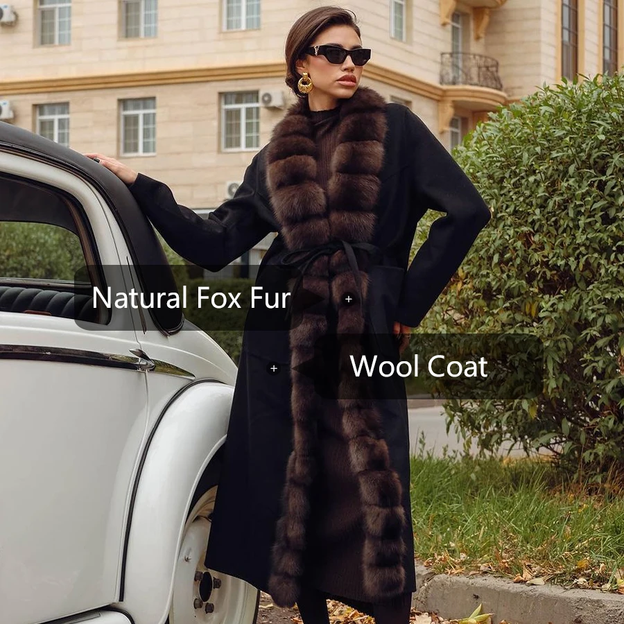 Wool Sheep Fur Coat Women Long Real Fur Coat For Women Elegant 2024 High Quality Warm Cashmere Coats With Fox Fur Collar