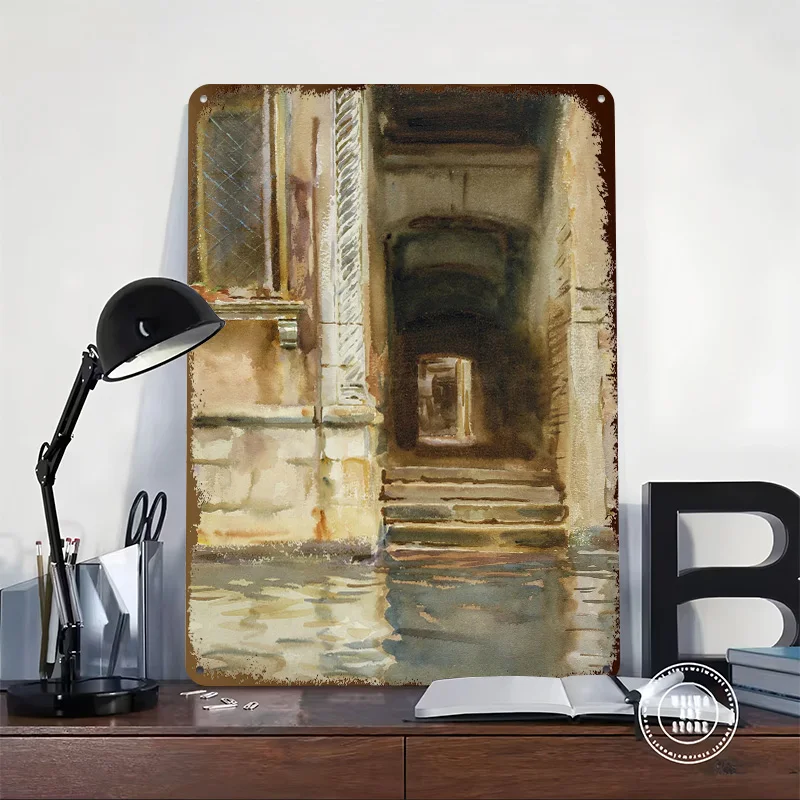 Venetian Canal Entrance Watercolor Metal Poster Customized Wall Art Retro Vintage Metal Signs for Man Cave Room Accessories Home