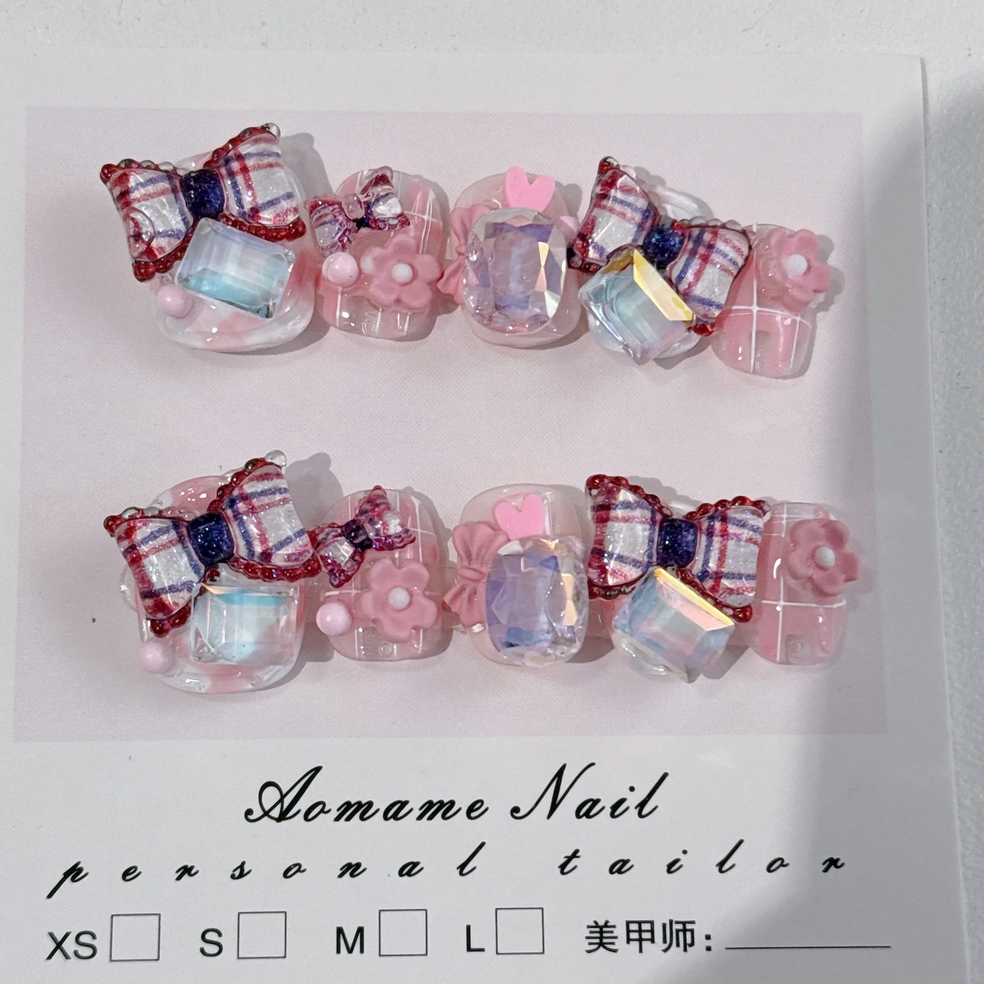 Four Seasons Cute Short Nails Press On Nails Handmade Sugar Cube Checkered Bow Small Flowers Fake Nail Patches Removable