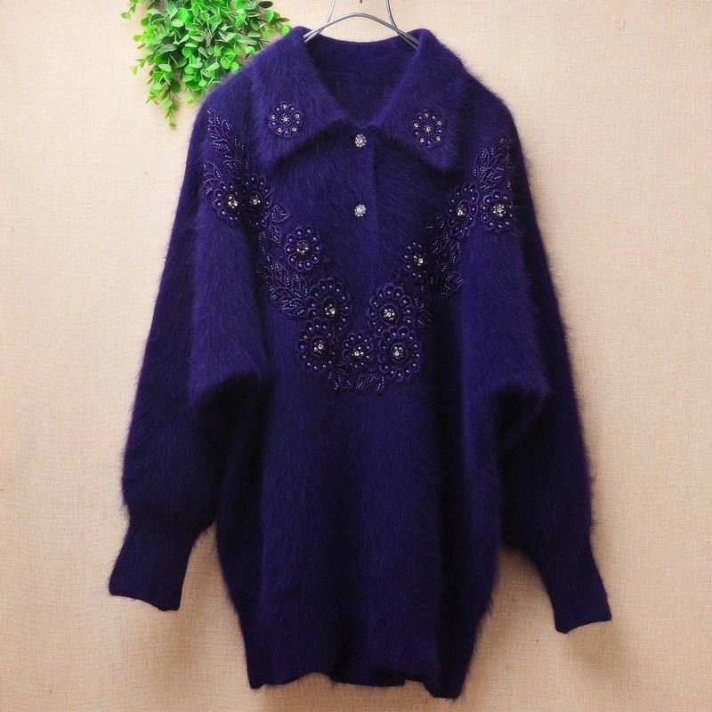 Ladies Women Fall Winter Clothing Vintage Embroidery Beading Angora Rabbit Hair Knitted Turn-Down Neck Looose Pullover Sweater