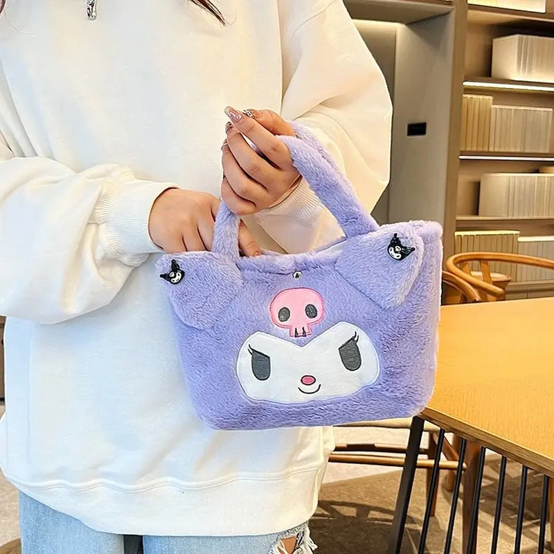 Miniso Sanliou Cute Plush Bag Kuromi 2025 New Girl Handbag Winter Student Cartoon Storage Small Bag Birthday Gift for Friends