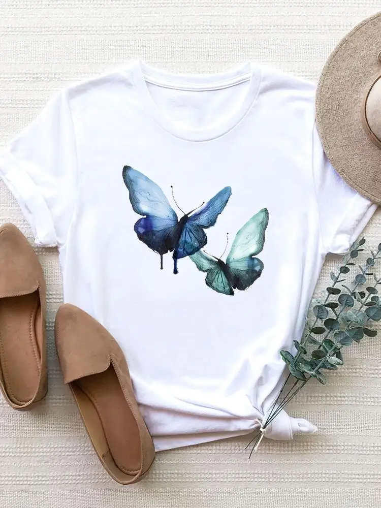 

Clothing Fashion Graphic T-shirt Ladies Print T Shirt Short Sleeve Clothes Butterfly Love Trend Watercolor Women Basic Tee Top