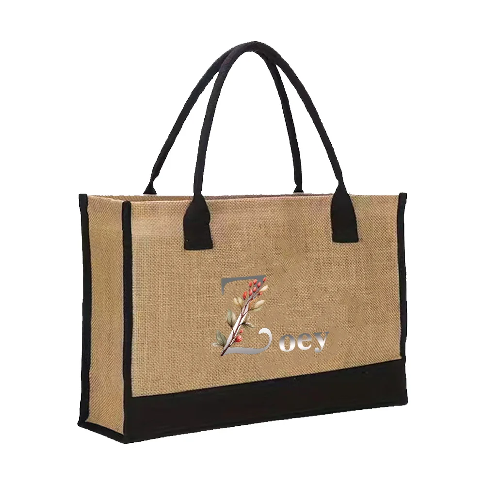 Personalized Customization Name Large Capacity Women's Shopping Bag Waterproof Linen Handbag Yellow Hemp Bag for Women