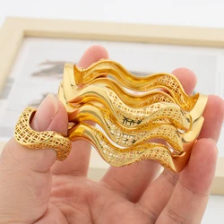 Dubai Gold Color Bangle Ring Set for Engagement Irregular Design Cuff Bangles Cocktail Ring Ladies Elegant Stacked Bracelets