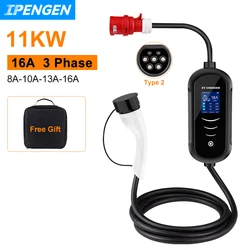 IPENGEN 11KW 16A 3 Phase EV Portable Charger Type2 EVSE Charging Box Electric Car Charger CEE Plug IEC62196-2 Electric Vehicle