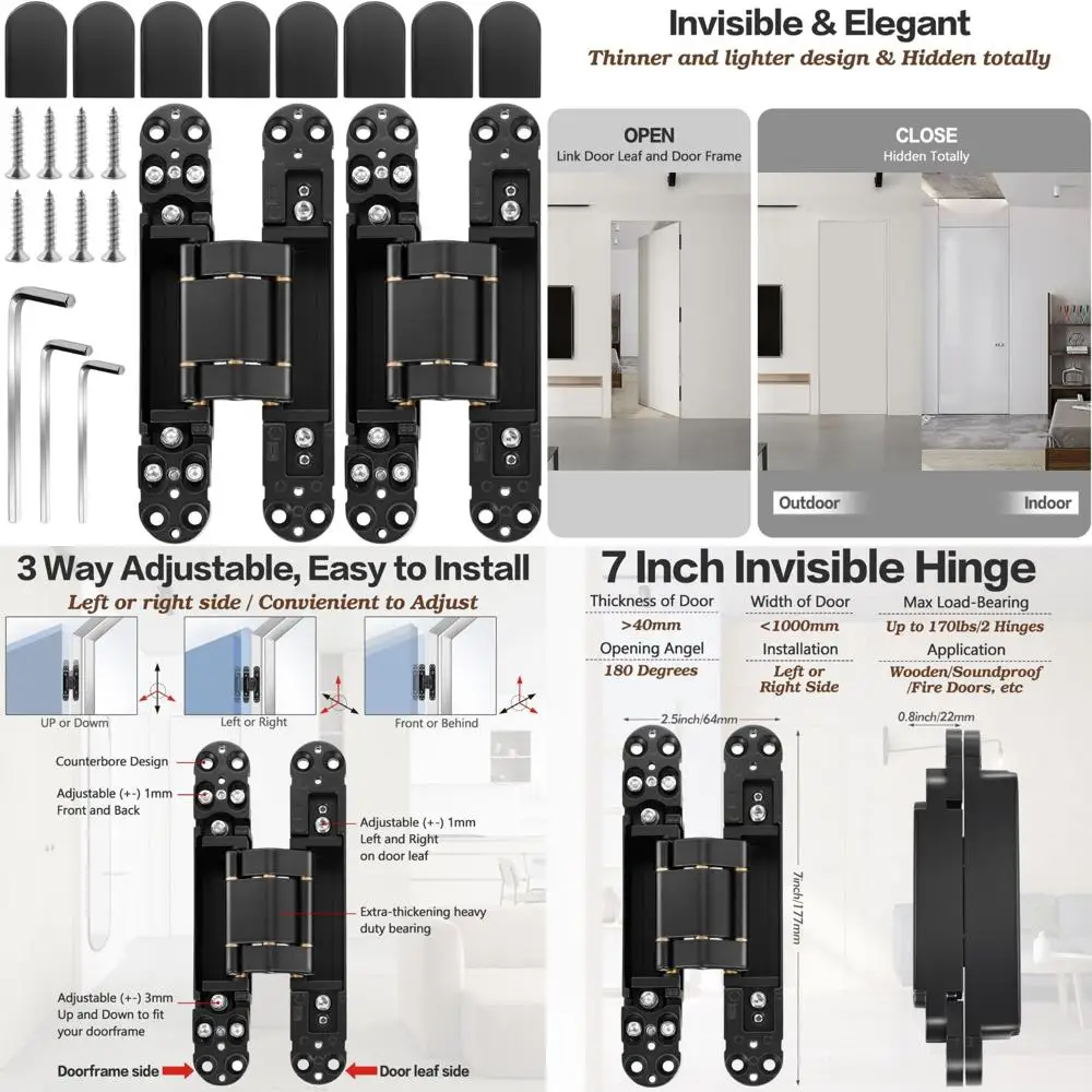 

7-дюймовые скрытые дверные петли из нержавеющей стали — черные невидимые поворотные петли на 180 градусов для скрытых трехсторонних регулируемых дверей