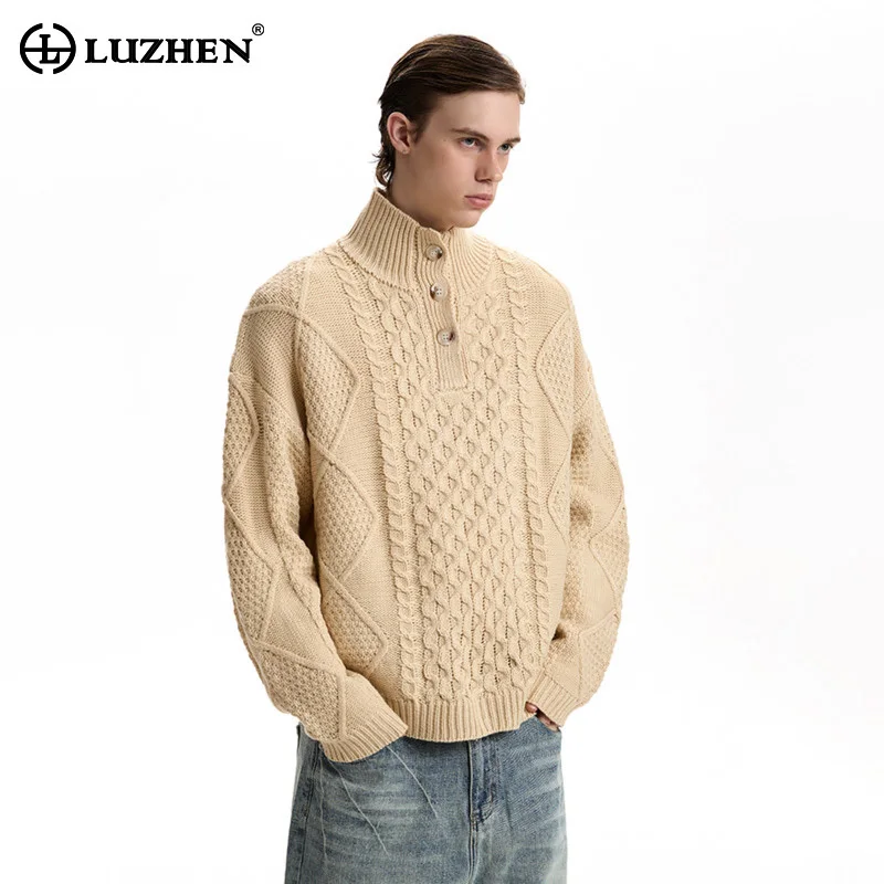 

LUZHEN 2025, новый зимний однотонный красивый вязаный пуловер с воротником-стойкой, мужской модный элегантный повседневный свитер, мужской JY5126