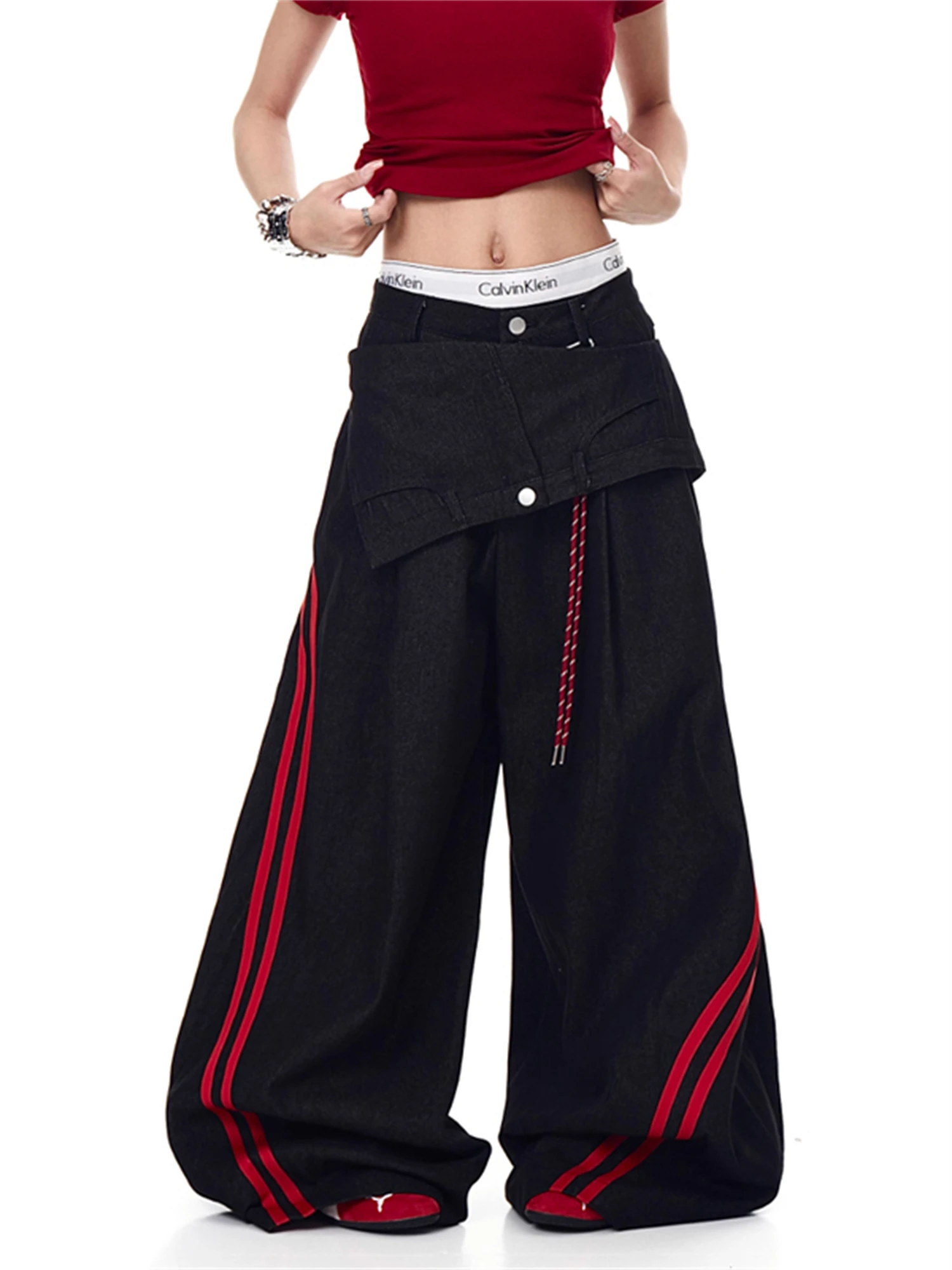 

Women's Y2K Streetwear Baggy Denim Jeans Black with Red Stripes Patchwork Wide Leg Trousers Hip Hop Retro Fashion Pants