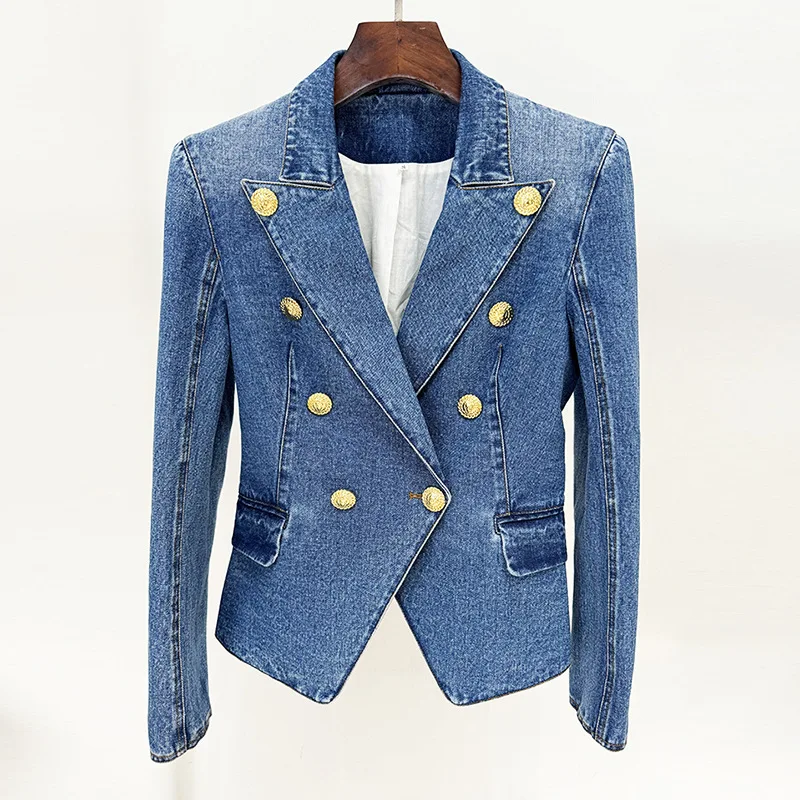 women\'s denim two piece v neck lapel double breasted blazer jacket coat high waisted packeted hip mini skirt jumpsuit