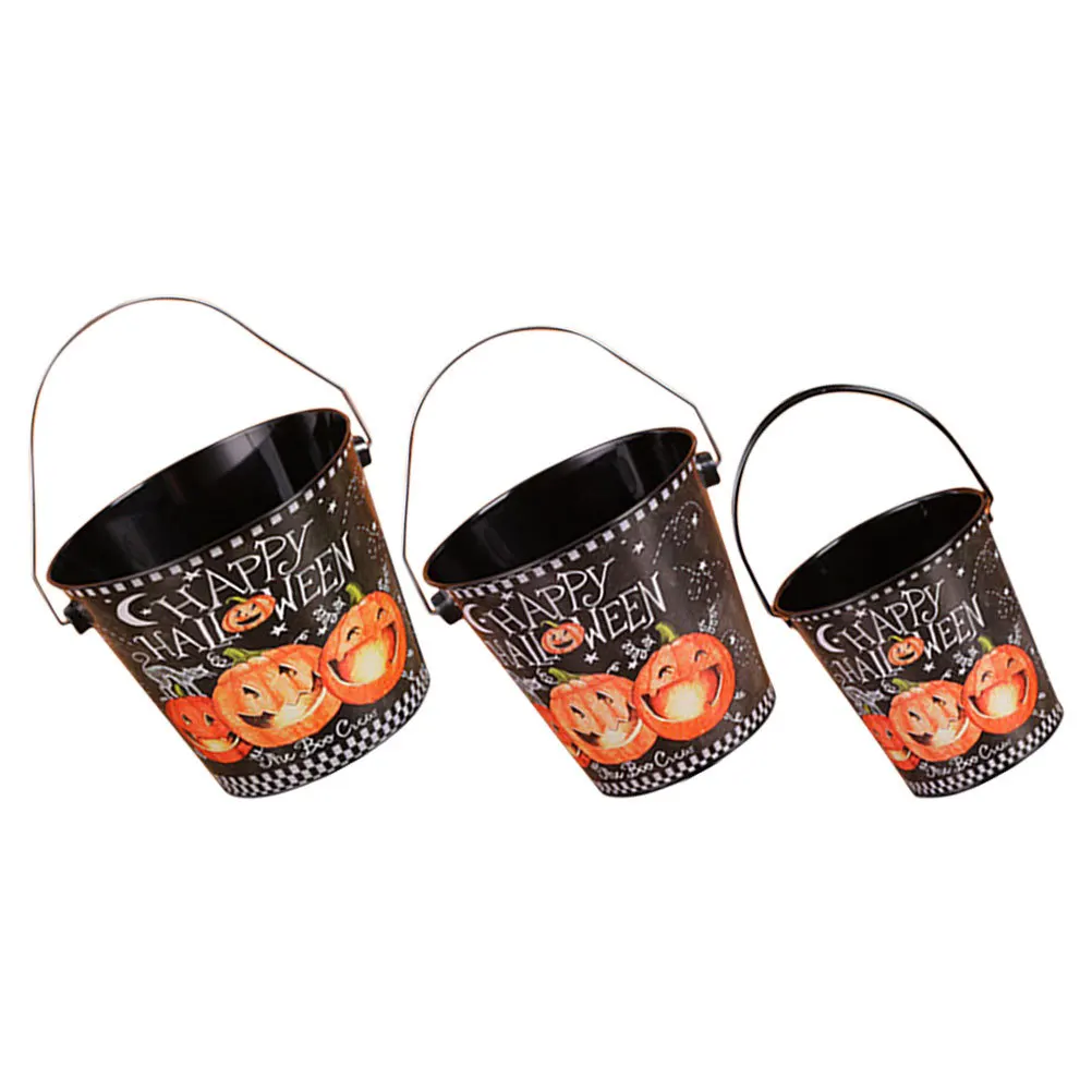 

3Pcs Halloween Pumpkin Bucket Tinplate Candy Storage Multi-Functional Portable Handle Party Decor