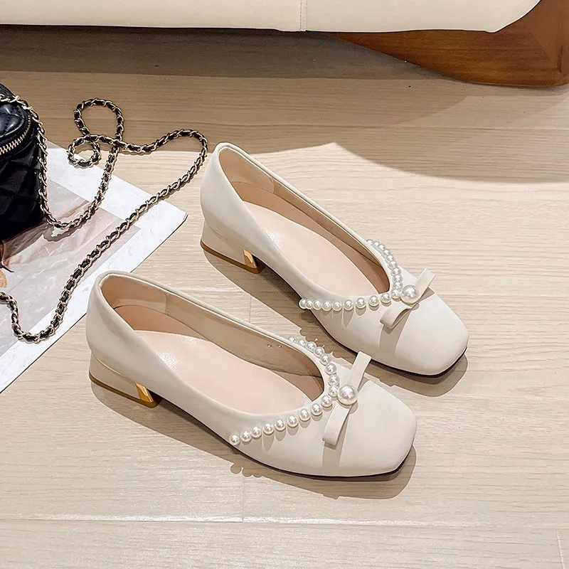 

Туфли на мелком каблуке «котенок», весна-осень 2023, новые универсальные женские туфли больших размеров с французским жемчугом