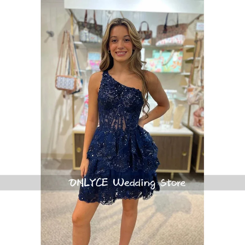 Gorgeous Homecoming Dress Prom Formal Occasions A Line One Shoulder Backless Sleeveless Short Fishbone Shaping With Lace