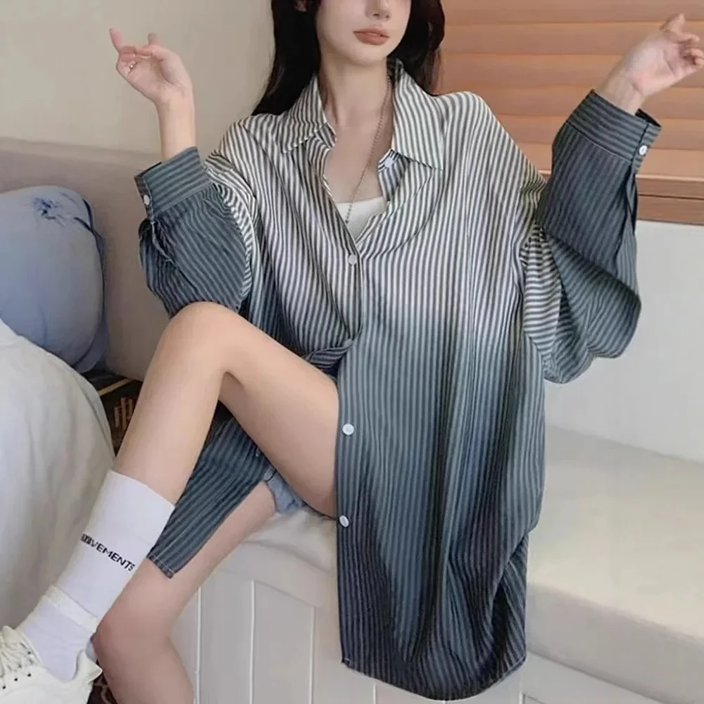 

Spring Summer Top Cross-Border Polo Collar Full Sleeve Cotton Blend Slim Fit Women's Sun Protection Shirt Casual Striped Pattern