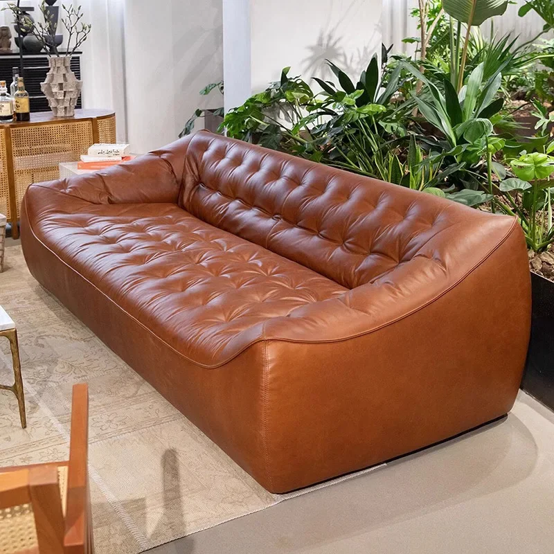 French retro style leather sofa first layer cowhide medieval oil wax leather living room bean bag sofa three-person small