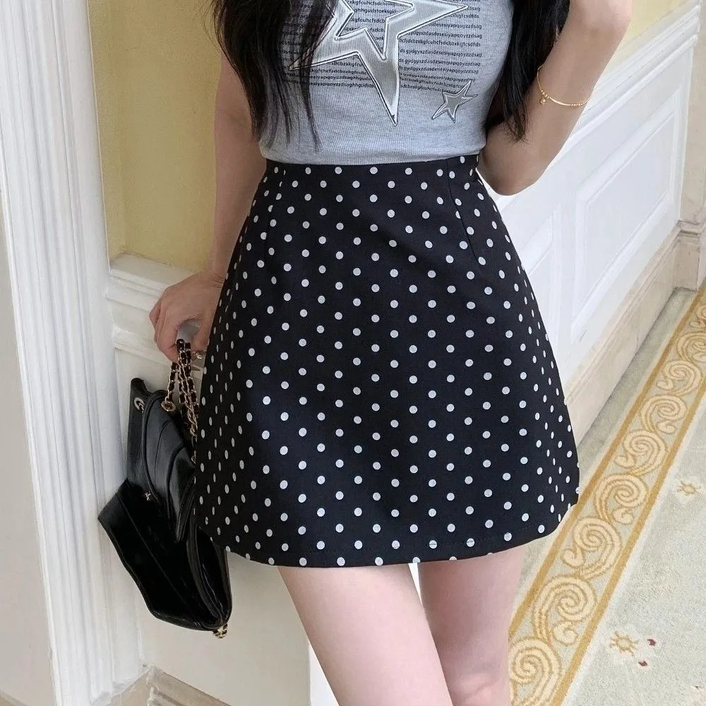 

High Waist Polkatdot Short Skirt Top Collocation Black/Apricot Dot Half Slips Spicy Girl Korean Ins Style Dot A-line Dress