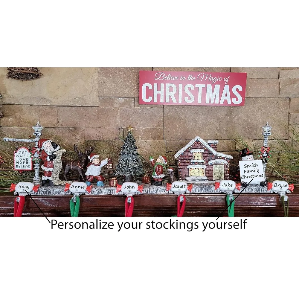 

Cast Iron 3D Christmas Village with Santa Stocking Hanger, Stocking Holder, Perfect for Holiday (6 Hooks)