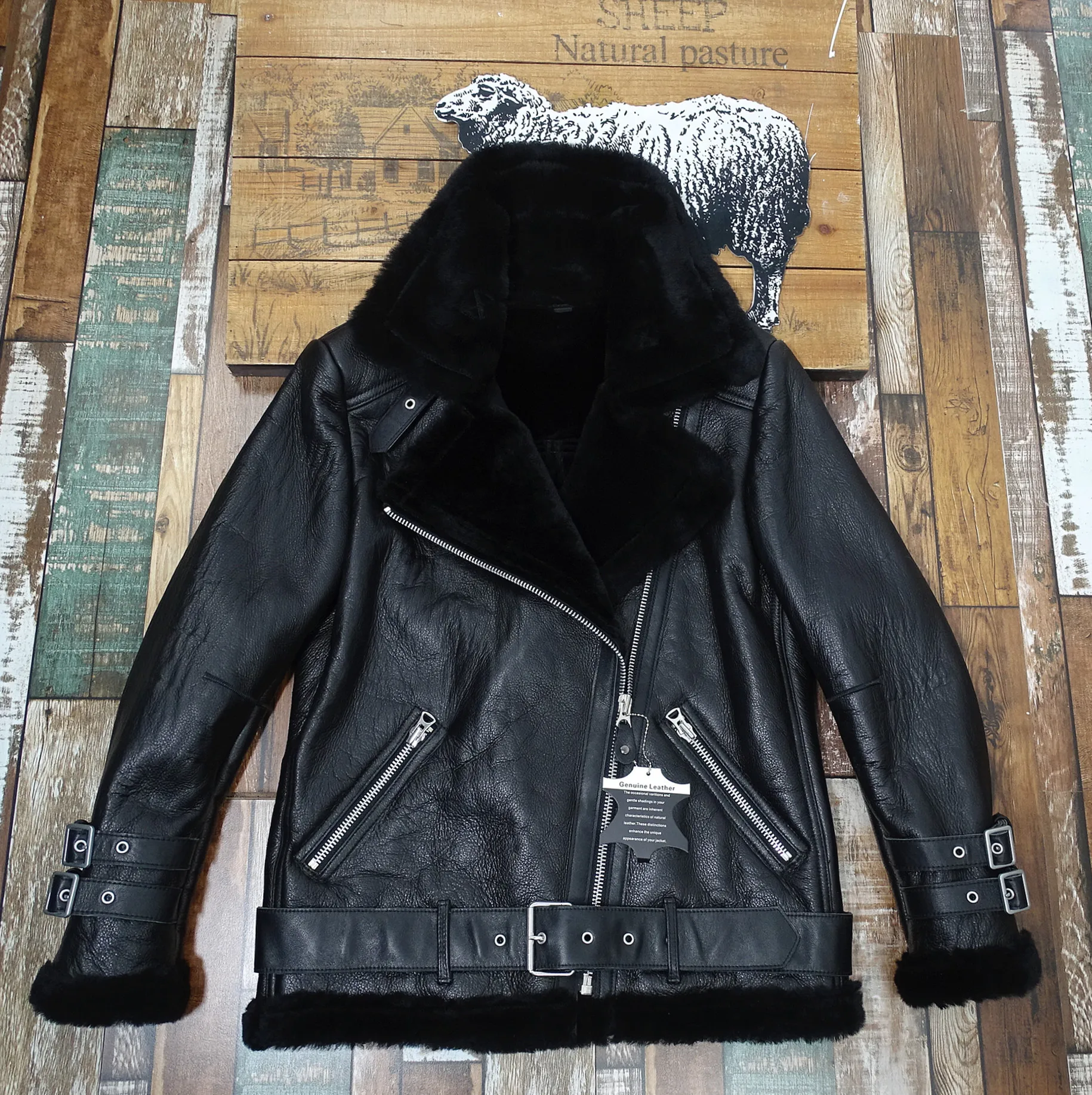 

Warmth Insulation Lamb Leather Fur Integrated Diagonal Zipper Motorcycle Waist Belt Women's Winter Outerwear Street Style Loo...