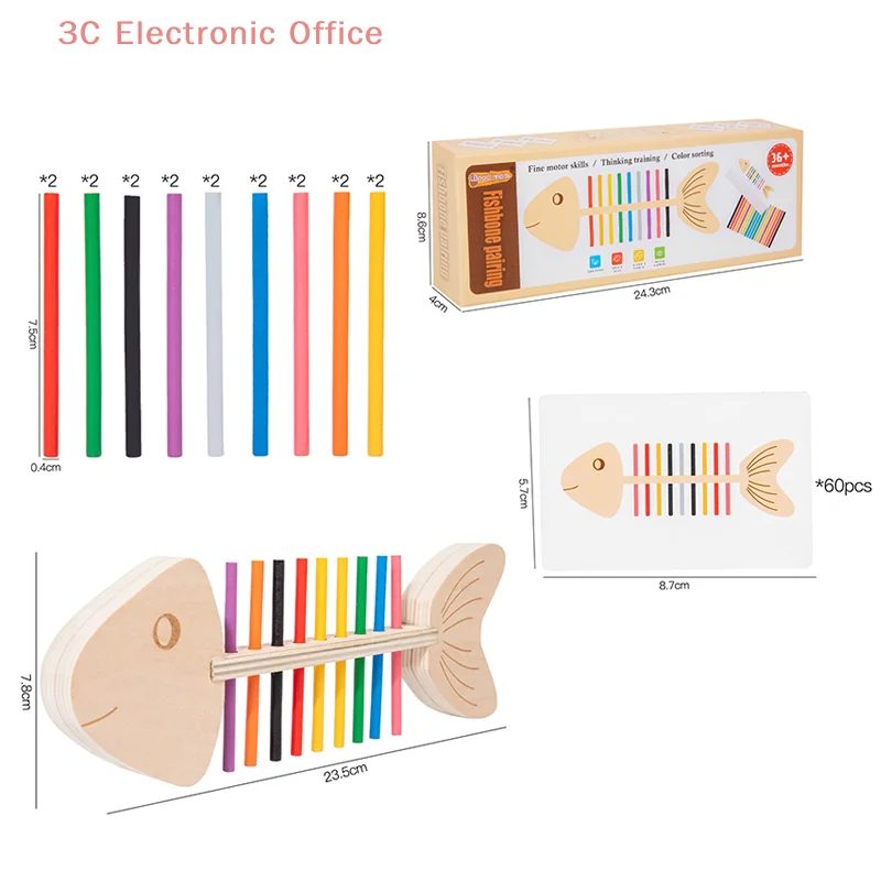 Montessori Wooden Puzzle For Children Fish Bone Pairing Toy Color Cognition Fine Motor Skills Training Early Education Toys