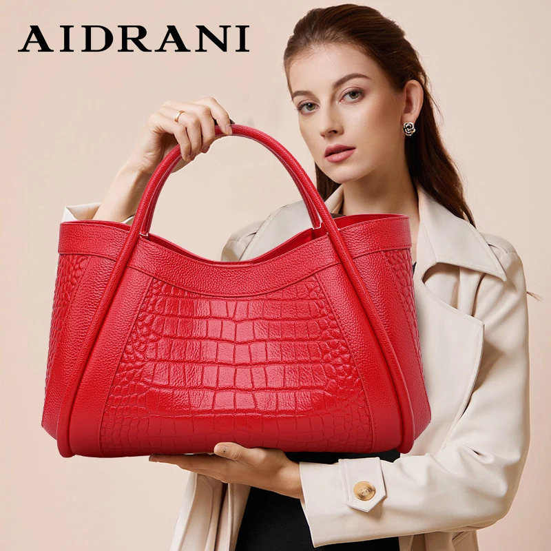 Aidrani Trendy Crocodile Patterned WOMEN\'S Handbag, Red Large Bag, Made of Soft and Comfortable Cowhide