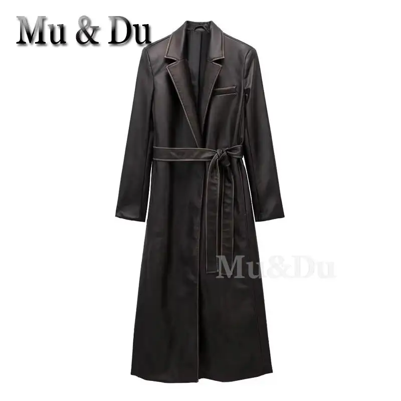 Mu&Du 2024 Spring Women Vintage Distress Faux Leather Trench Coat Lapel Belt PU Long Jacket Female Street Windbreak Overcoat New