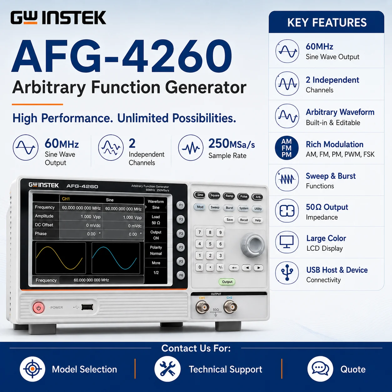 GW Instek AFG-4000 Programmable Arbitrary Function Generator, 14 Modulation Modes, Built-In Power Amplifier, Waveform Generator