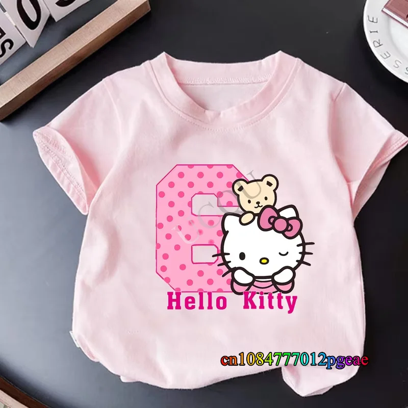 

MINISO милая розовая хлопковая детская футболка с принтом «Hello Kitty» и номером, футболки с короткими рукавами, одежда для мальчиков и девочек, повседневные топы