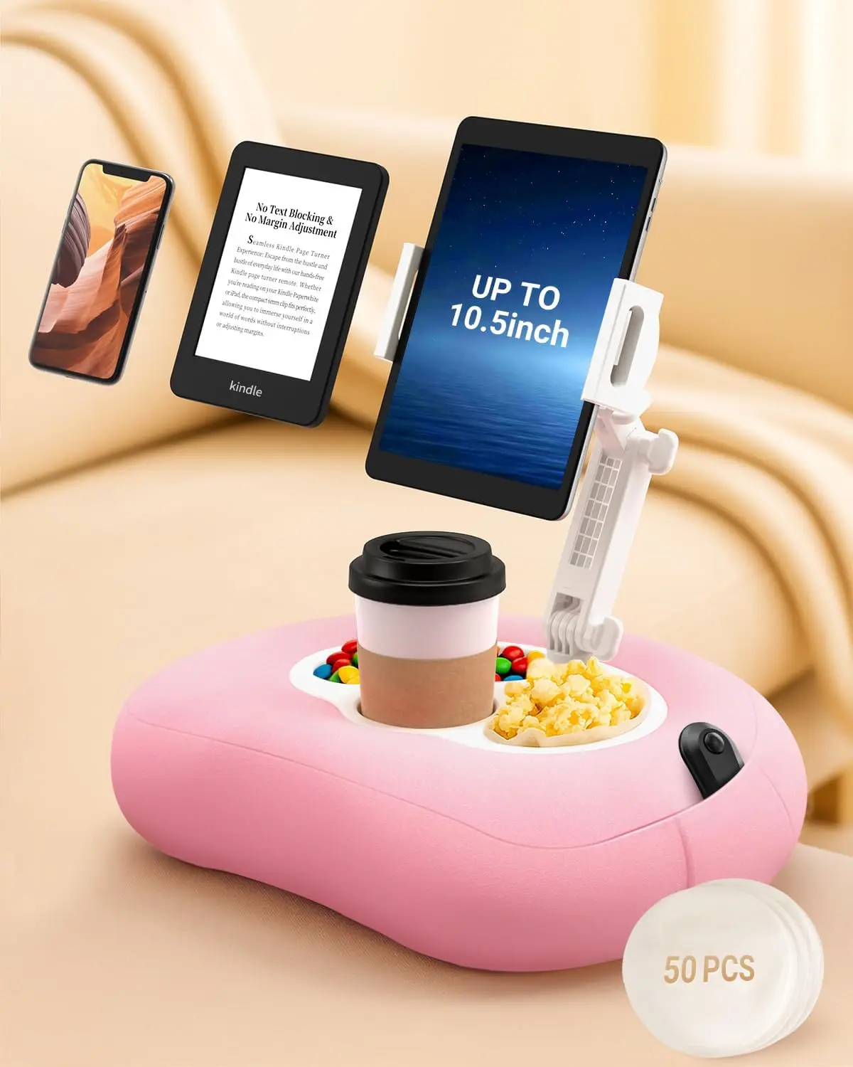 

Регулируемая подставка-подушка для планшета с контейнерами для закусок, держателем для стакана, моющимся чехлом и вкладышами, розовая