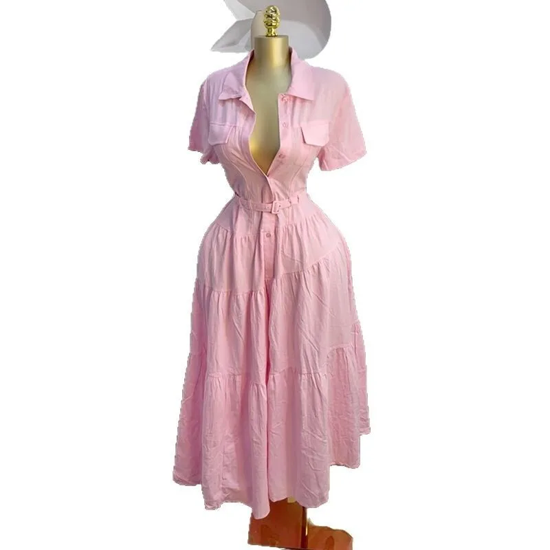 Damesmode 2025, zomer nieuwe mode turn-down kraag korte mouw knop taille riem a-lijn shirt jurk vestido vrouwen elegant