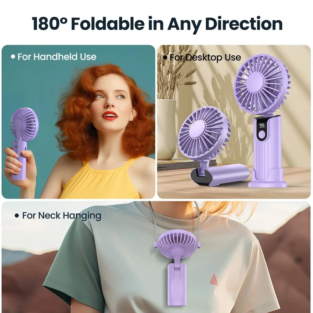 TOPK K38 Portable Handheld Fan,5000mAh 3 in 1 Multifunction Personal Travel Neck Fan with Digital Display,90° Foldable Desk Fan image 6