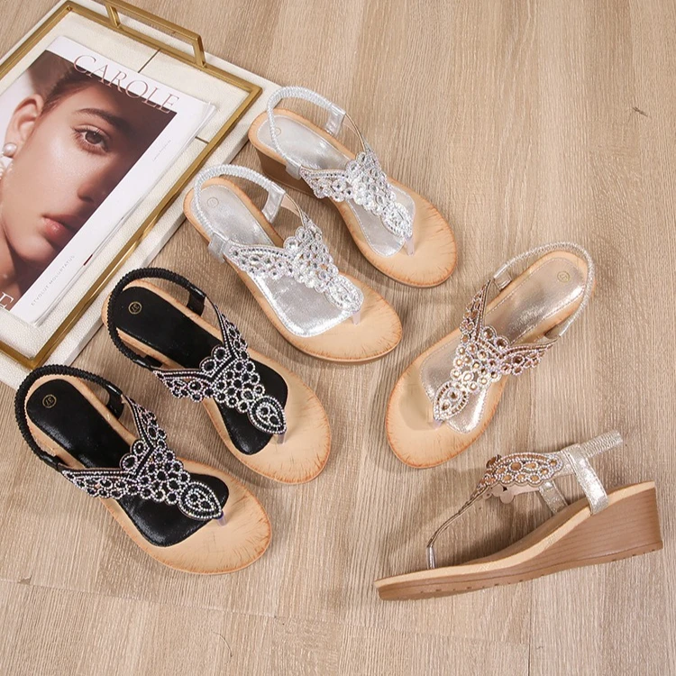 

New fashionable Bohemian style, new fashionable rhinestone sandals, Korean style, thick-soled wedge heel women's shoes