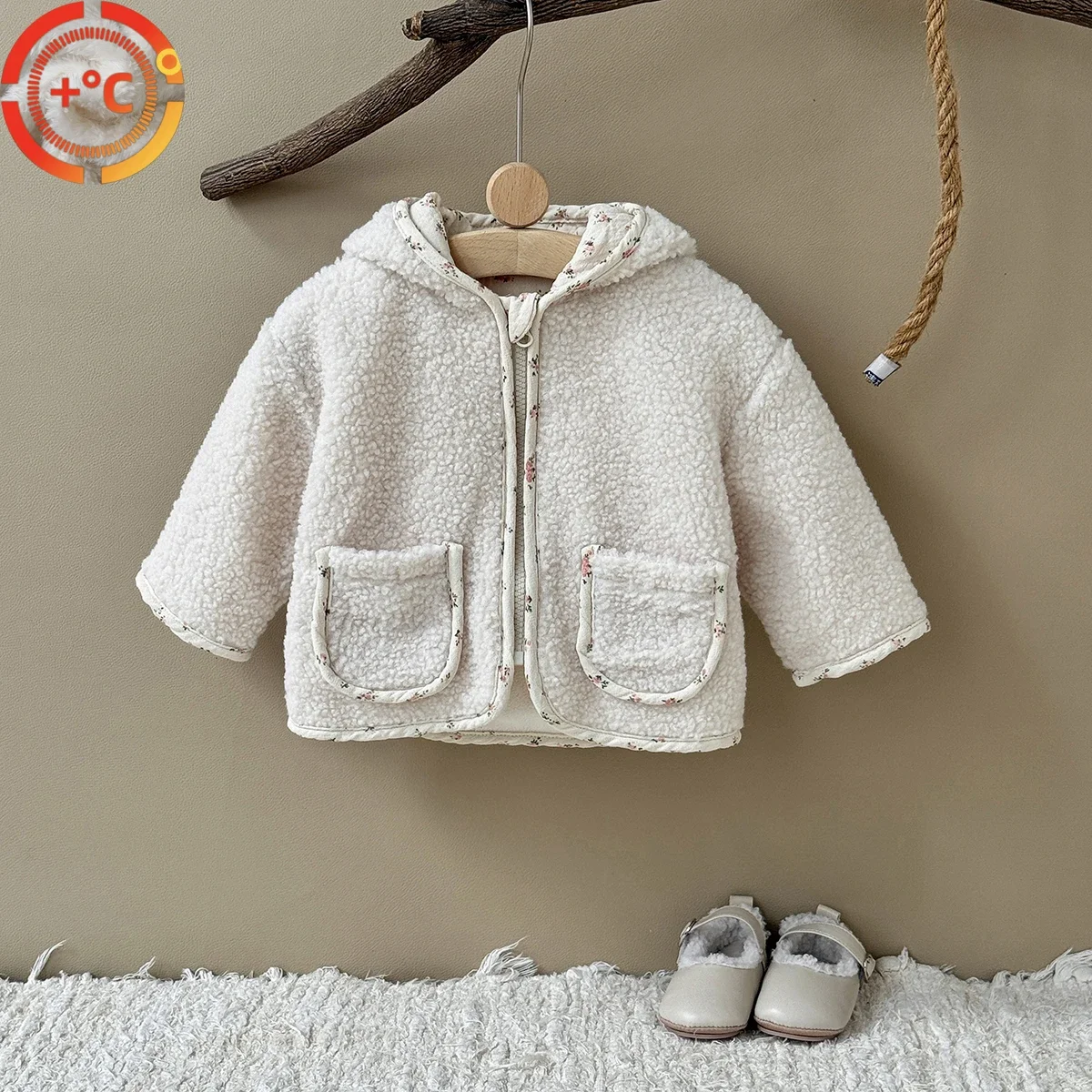 

Baby Winter Clothes New Thick Warm Baby Girl Coat Sweet Cute Floral Print Hooded Zipper Front Plush Jacket 1-3 Years