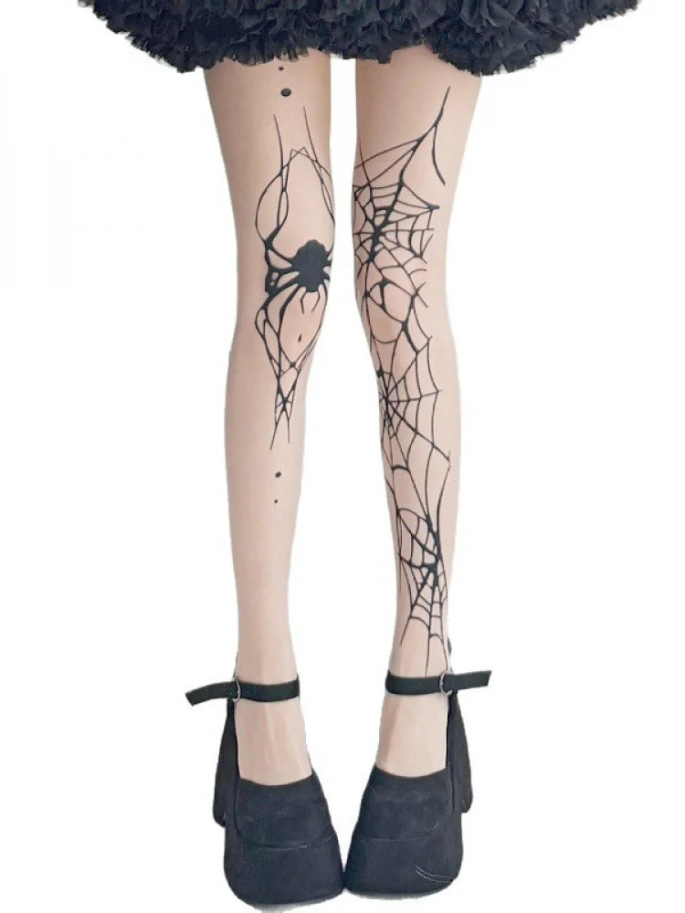 Hot S Spider Web Print Stoings Tattoo Thin Bla Silk Panhose Halloween Cosplay Base Layer Strumpfhosen Damen Freizeithosen