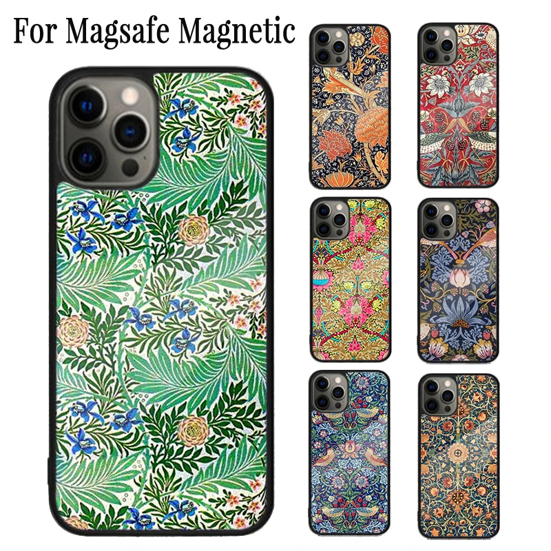 William Morris Strawberry Thief Magnetic Phone Case For iPhone 16 15 14 Plus 13 12 Mini 11 Pro Max Magsafe Wireless Cover