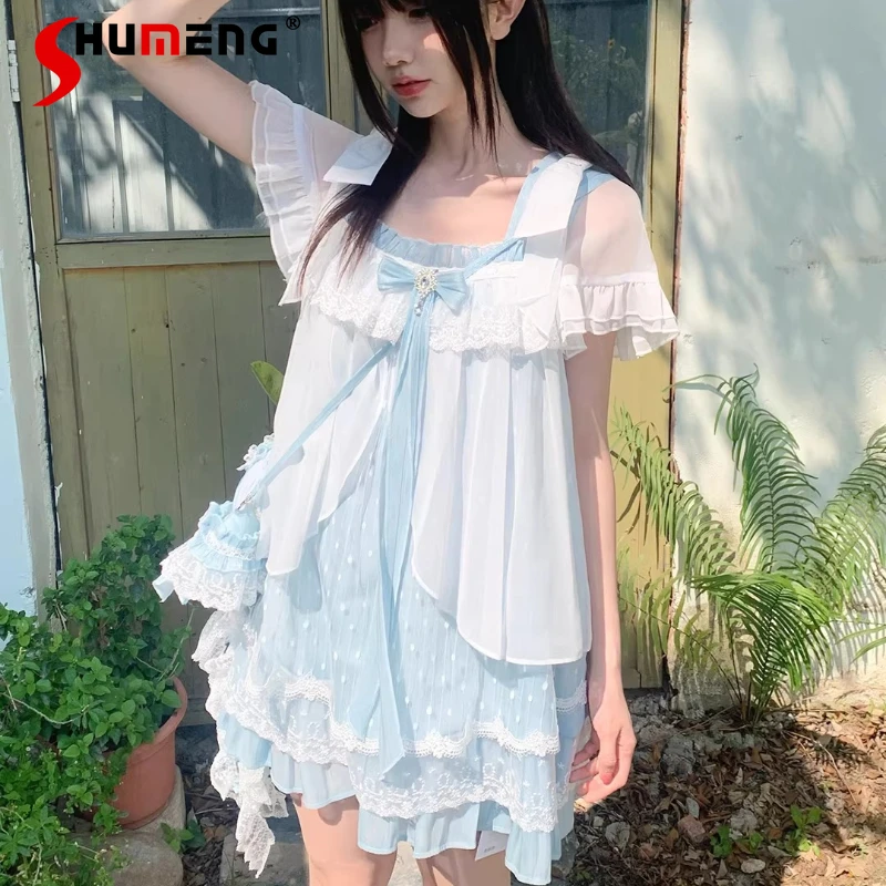 

High-End Whimsical Fairy Jellyfish Lace Dress With Cute 3D Bowknot Polka Dot Jacquard Material Elegant Midi Dresses Daily Wear