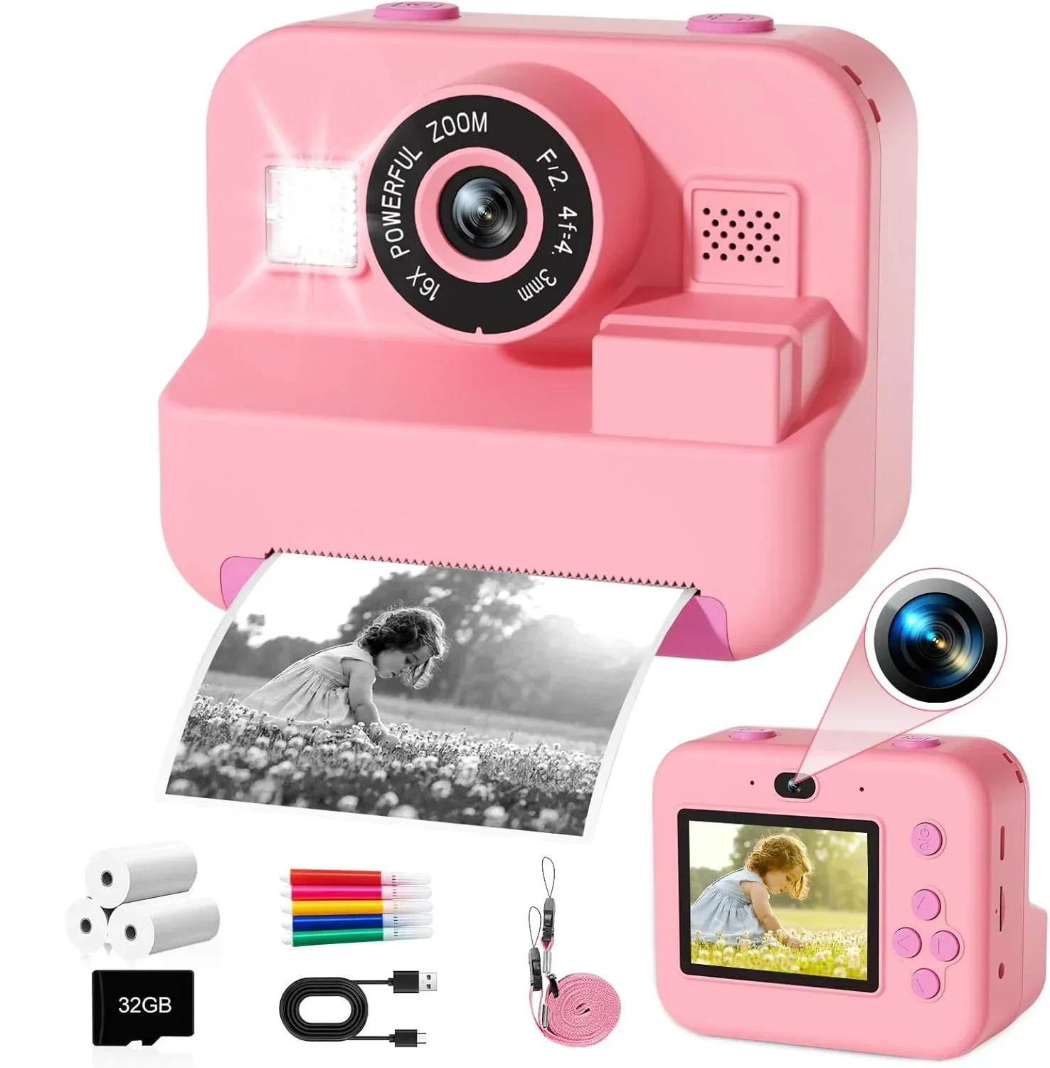 Children Camera with Instant Print and Video Recording, 32G Card, Thermal Printing, Kids Educational Toy Gift