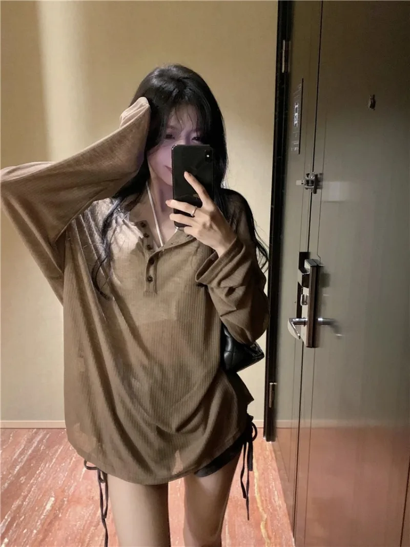 Korean Long SleevedThin T-shirt Women 2024 Summer New Fashion Sun Protection V-neck Long Sleeve Cover Up Loose Top