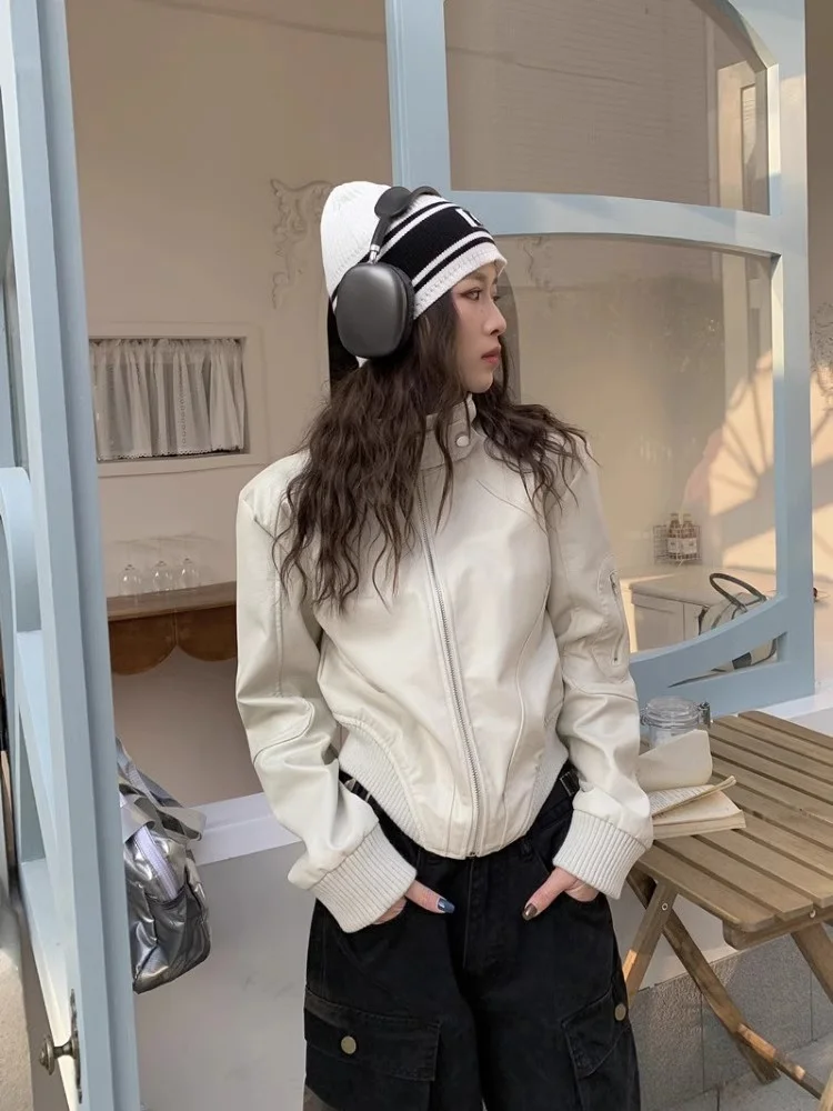 Retro americano ort Jaet Design ampio da donna Senso Piccolo ence Cappotto in pelle da motociclista Stagione autunnale Materiale PU