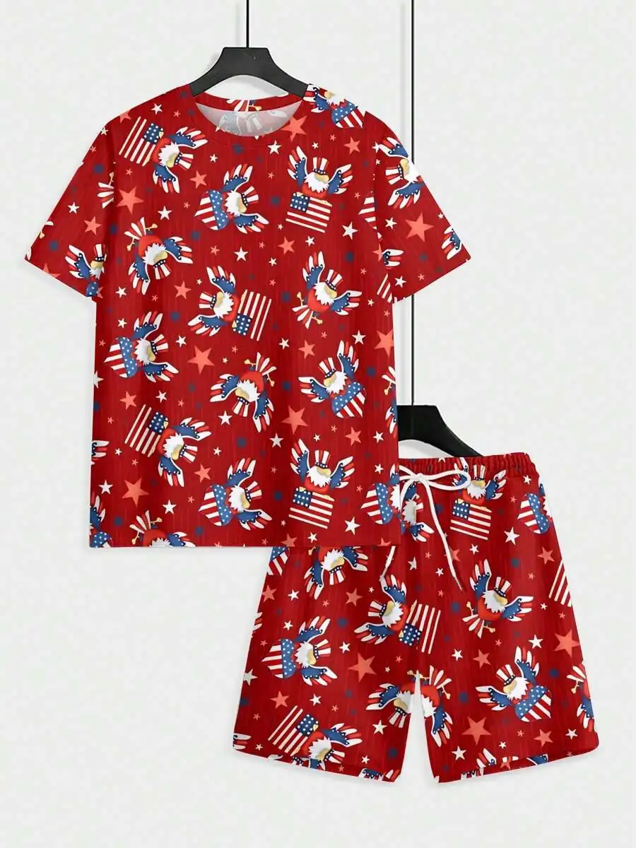 

Mens Red Eagle Flag Print Summer Two Piece Set Breathable Loose Fit