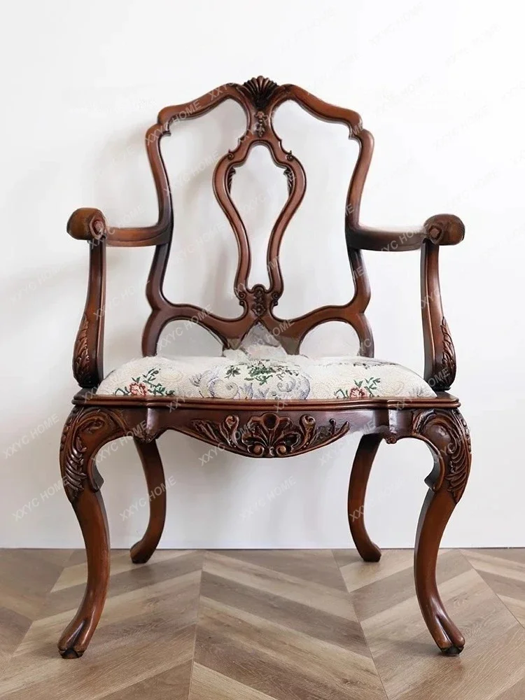 

French log retro design living room canvas dining chair villa, light luxury decoration chair