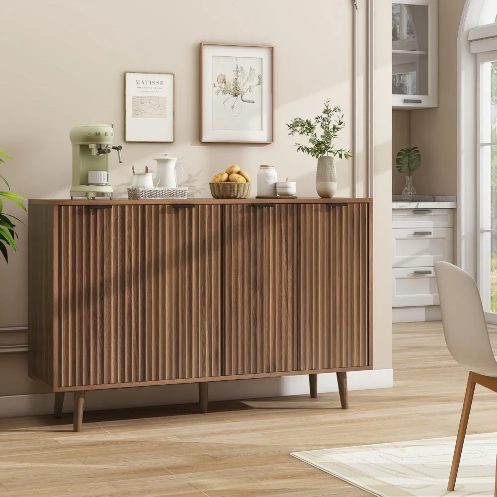 Buffet Cannelé avec Rangement, Armoire de Rangement avec 4 Portes Décorées, Armoire de Bar à Café en Bois avec Pieds en Bois Massif